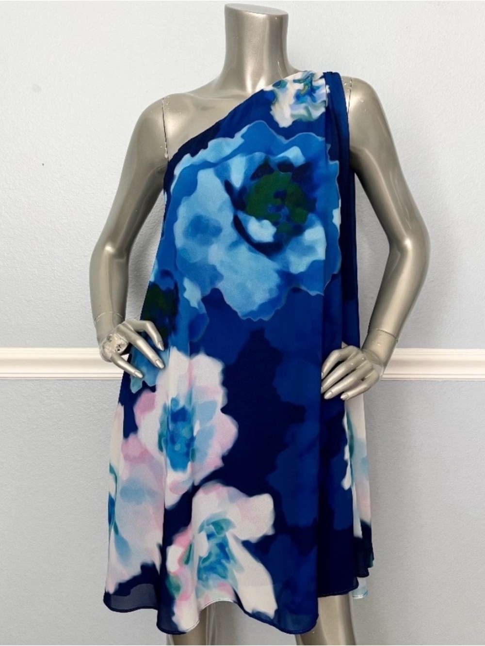 Belle Badgley Mischka Blue Floral One-Shoulder Dress - NWT Size 8